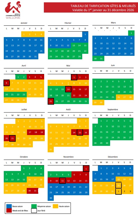tarif 2026 saison touristique gîte